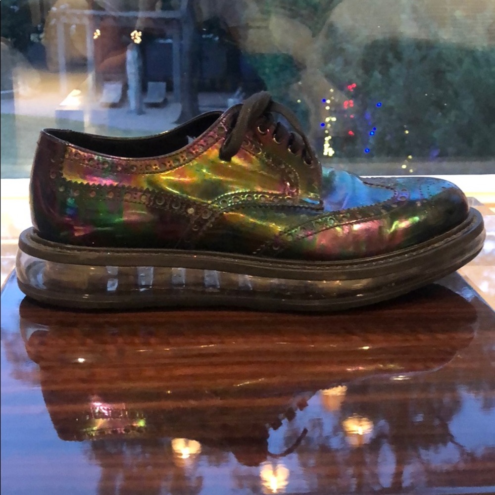 PRADA Men’s Oil Slick iridescent lace up shoe.